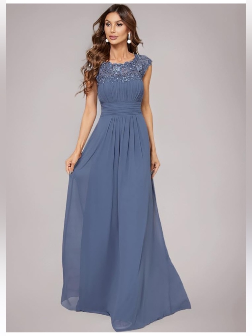 Ever Pretty Lace Yoke Chiffon Maxi Dress in Dusty Blue